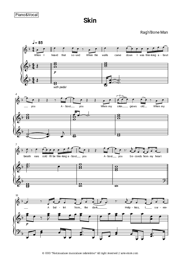 Skin - Rag'n'Bone Man Piano Sheet Music with the Voice part - Piano&Vocal