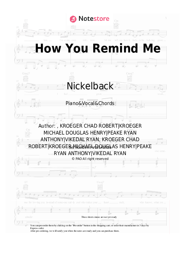 How You Remind Me - Nickelback Piano Sheet Music with the Vocal and Chords - Piano&Vocal&Chords