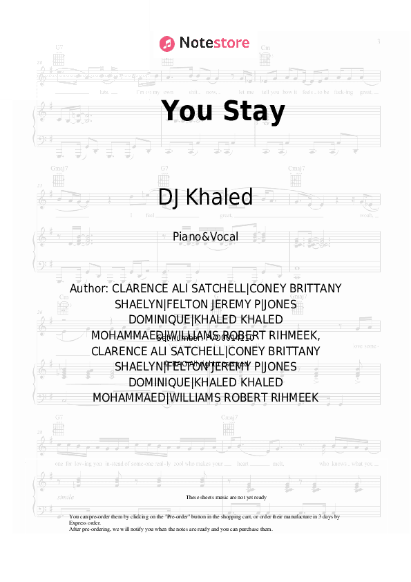 You Stay - DJ Khaled, Meek Mill, J Balvin, Lil Baby, Jeremih Piano Sheet Music with the Voice part - Piano&Vocal