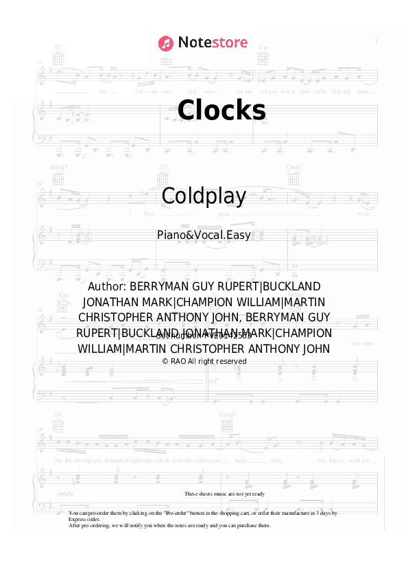 Clocks - Coldplay Piano Sheet Music Easy and Vocal - Piano&Vocal.Easy