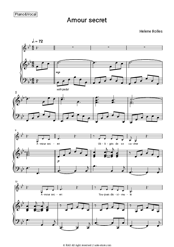 Amour secret - Helene Rolles Piano Sheet Music with the Voice part - Piano&Vocal