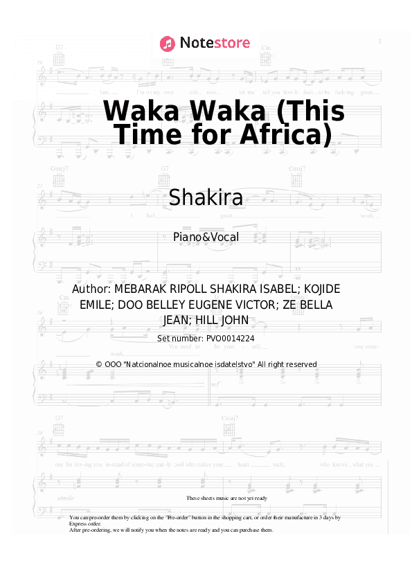Waka Waka (This Time for Africa) - Shakira Piano Sheet Music with the Voice part - Piano&Vocal