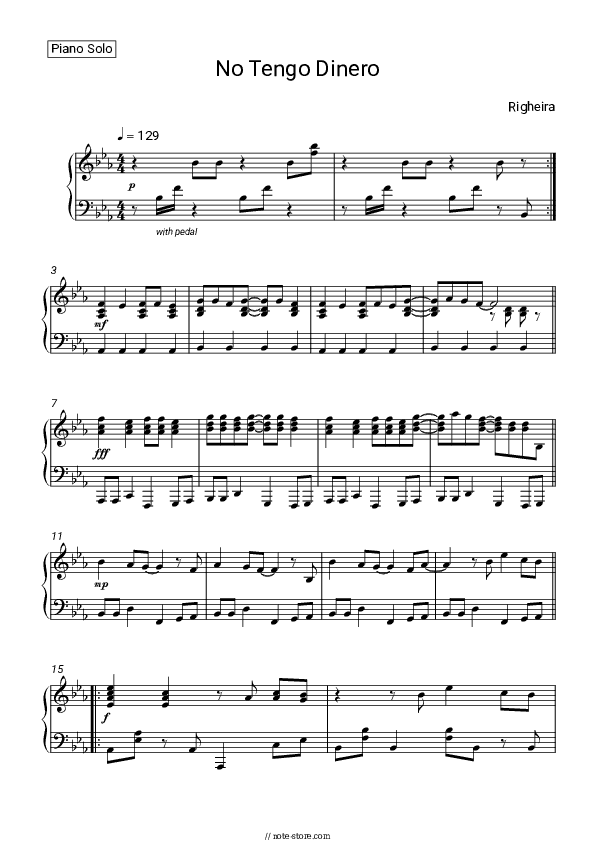 No Tengo Dinero - Righeira Piano Sheet Music - Piano.Solo