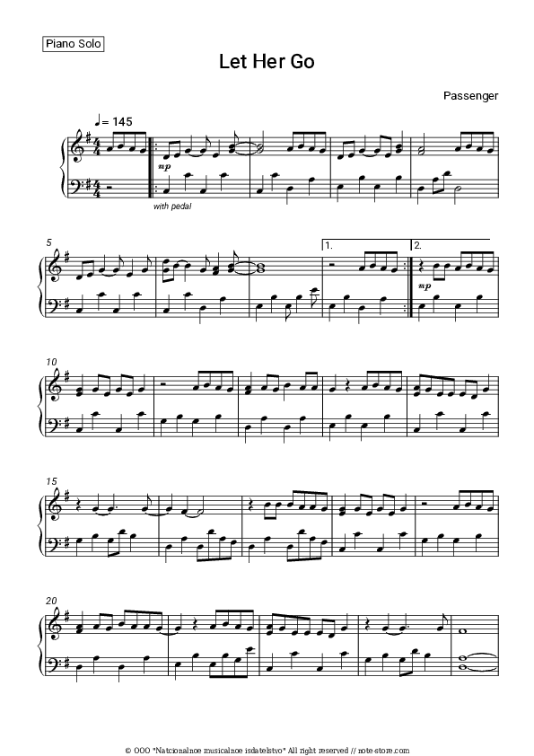 Let Her Go - Passenger Piano Sheet Music - Piano.Solo