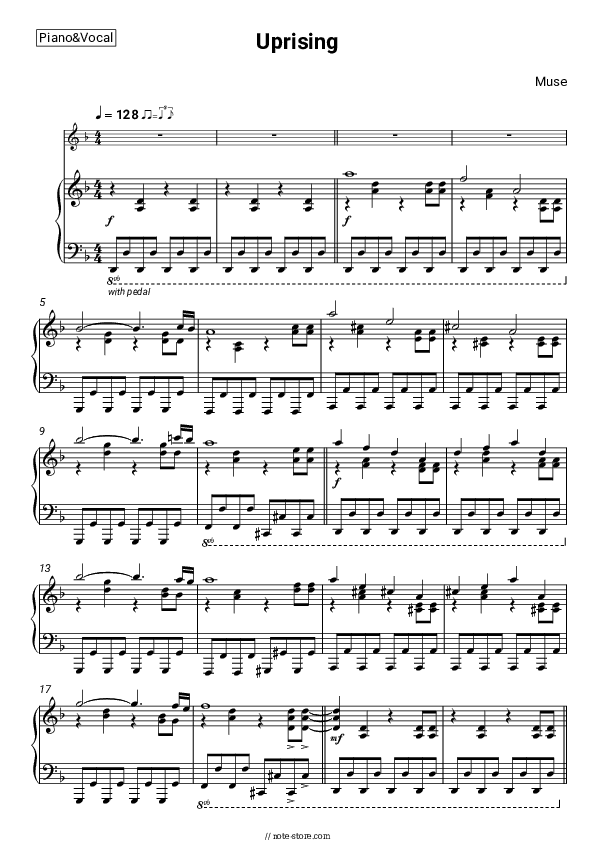 Uprising - Muse Piano Sheet Music with the Voice part - Piano&Vocal