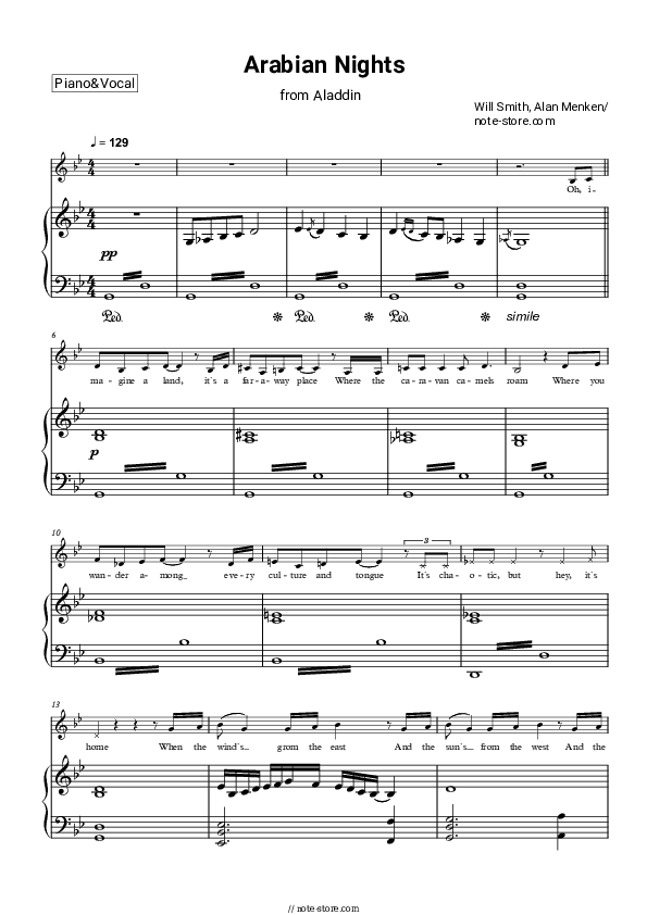 Arabian Nights (From Aladdin 2019) - Will Smith Piano Sheet Music with the Voice part - Piano&Vocal