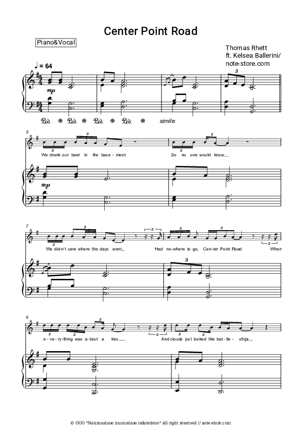 Center Point Road - Thomas Rhett, Kelsea Ballerini Piano Sheet Music with the Voice part - Piano&Vocal