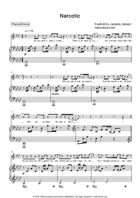 Narcotic - YOUNOTUS, Janieck, SENEX Piano Sheet Music with the Voice part - Piano&Vocal