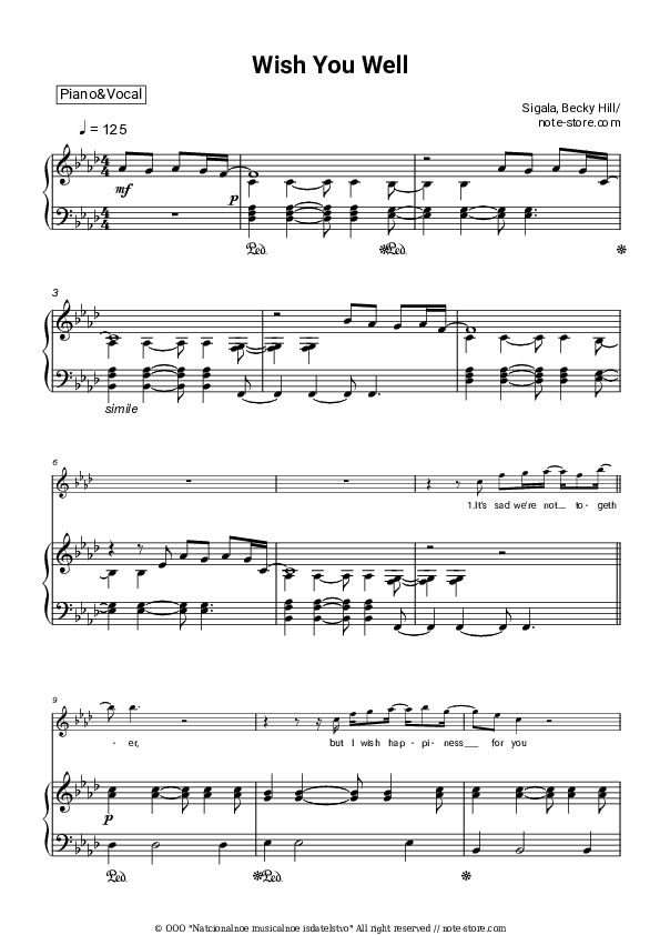 Wish You Well - Sigala, Becky Hill Piano Sheet Music with the Voice part - Piano&Vocal