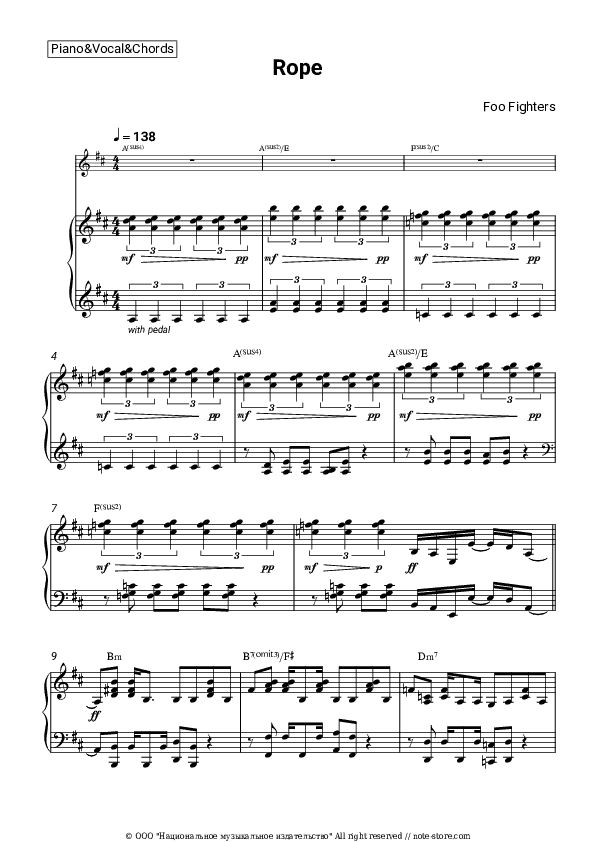 Rope - Foo Fighters Piano Sheet Music with the Vocal and Chords - Piano&Vocal&Chords