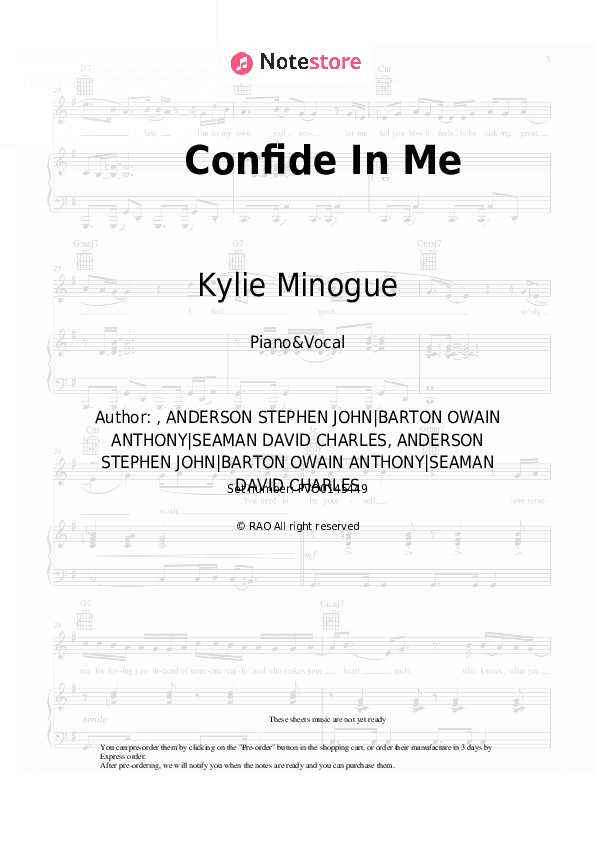 Confide In Me - Kylie Minogue Piano Sheet Music with the Voice part - Piano&Vocal