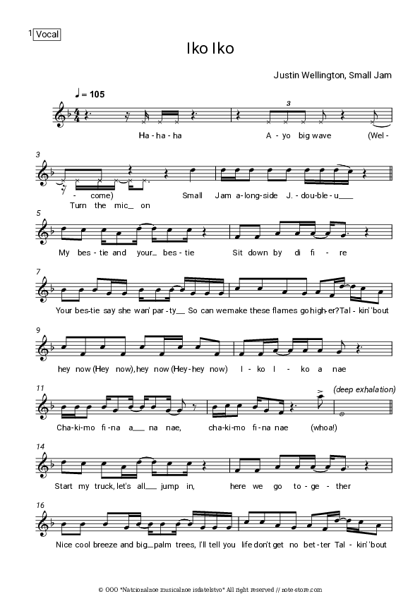 Iko Iko - Justin Wellington, Small Jam Vocal Sheet Music - Vocal