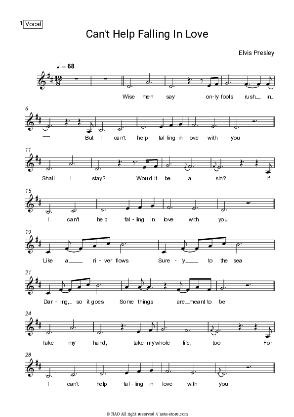 Can't Help Falling In Love - Elvis Presley Vocal Sheet Music - Vocal