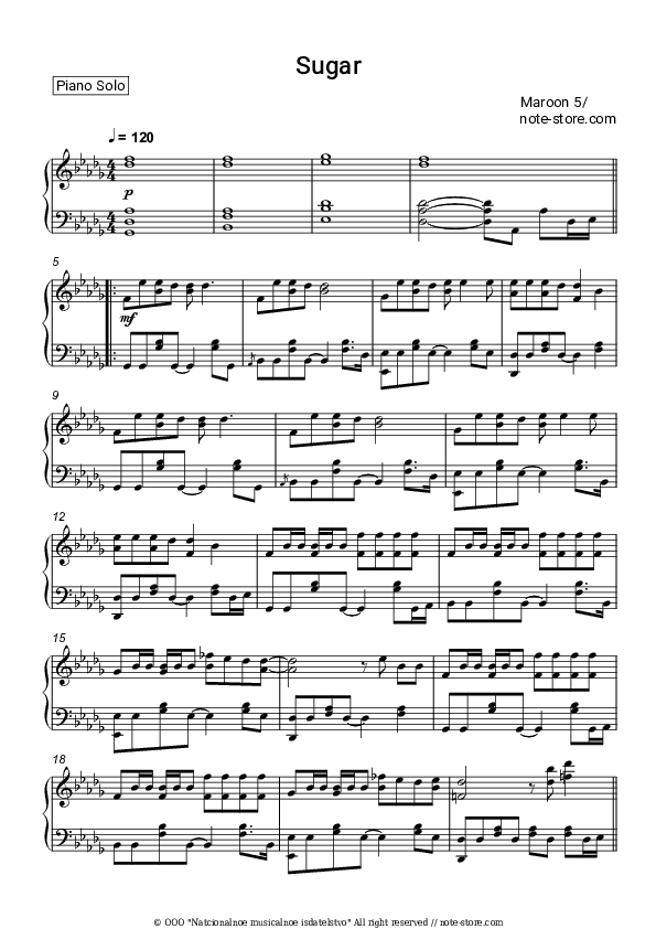 Sugar - Maroon 5 Piano Sheet Music - Piano.Solo