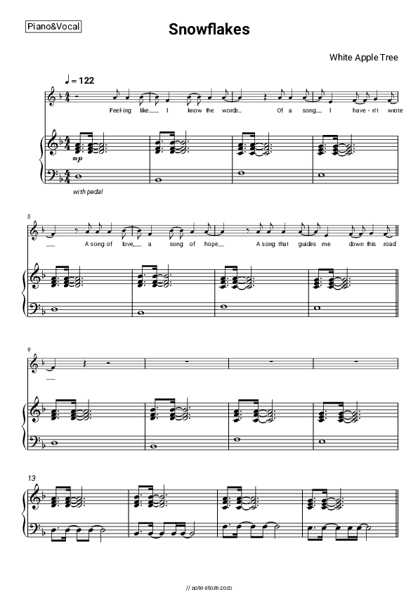 Snowflakes - White Apple Tree Piano Sheet Music with the Voice part - Piano&Vocal