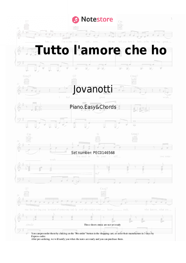 Tutto l'amore che ho - Jovanotti Sheet Music Easy and Chords - Piano.Easy&Chords