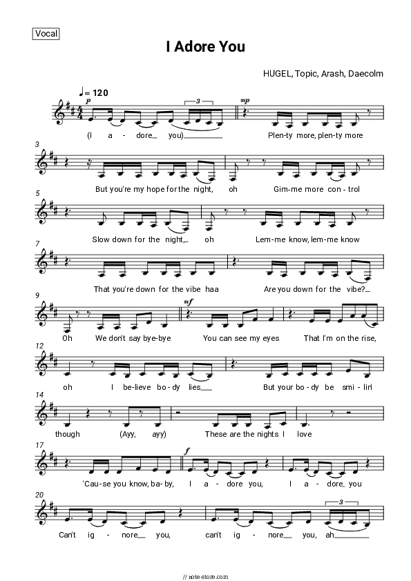 I Adore You - HUGEL, Topic, Arash, Daecolm Vocal Sheet Music - Vocal