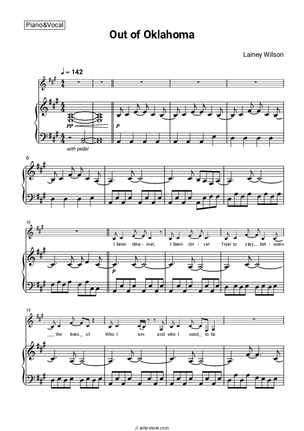 Out of Oklahoma - Lainey Wilson Piano Sheet Music with the Voice part - Piano&Vocal