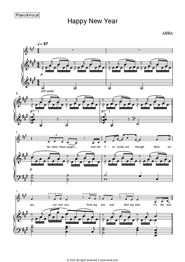 Happy new year - ABBA Piano Sheet Music with the Voice part - Piano&Vocal