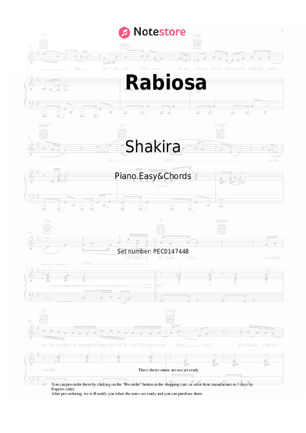 Rabiosa - Shakira, El Cata Sheet Music Easy and Chords - Piano.Easy&Chords