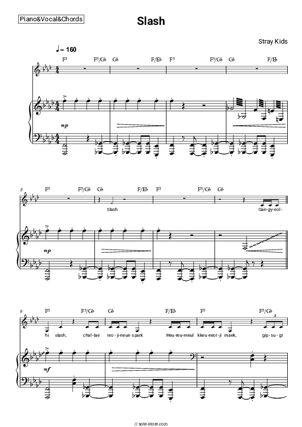 SLASH - Stray Kids Piano Sheet Music with the Vocal and Chords - Piano&Vocal&Chords