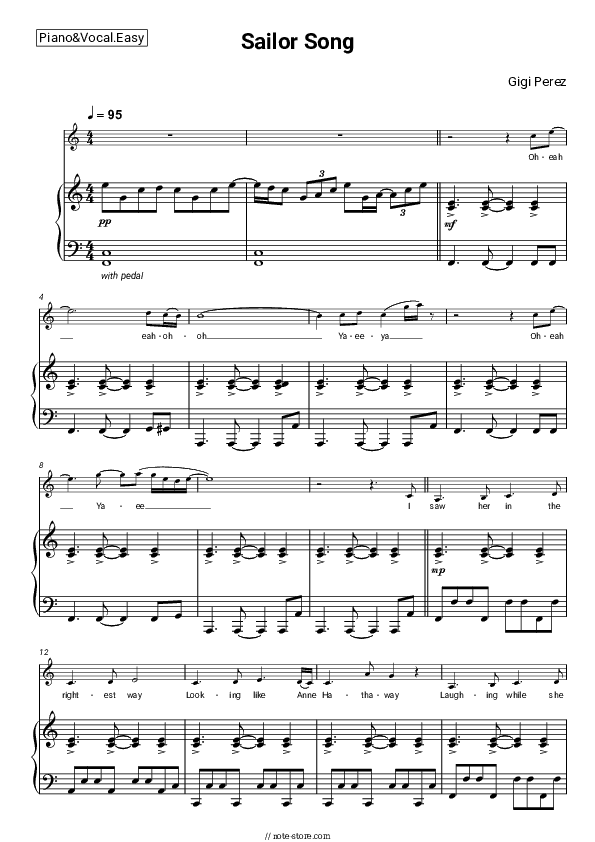 Sailor Song - Gigi Perez Piano Sheet Music Easy and Vocal - Piano&Vocal.Easy