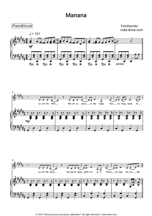 Manana - Tim3bomb Piano Sheet Music with the Voice part - Piano&Vocal