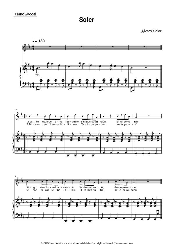 Sofia - Alvaro Soler Piano Sheet Music with the Voice part - Piano&Vocal