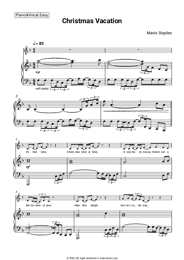 Christmas Vacation - Mavis Staples Piano Sheet Music Easy and Vocal - Piano&Vocal.Easy