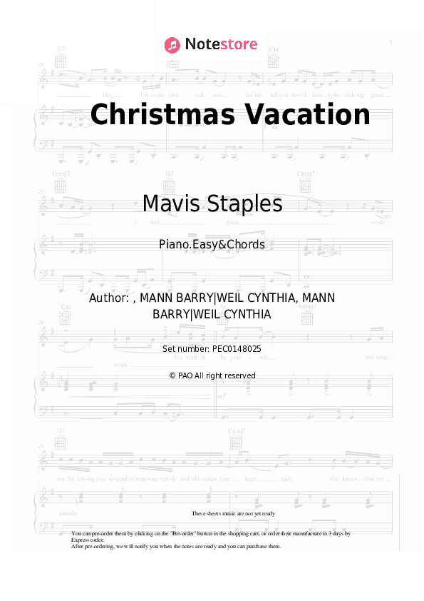 Christmas Vacation - Mavis Staples Sheet Music Easy and Chords - Piano.Easy&Chords
