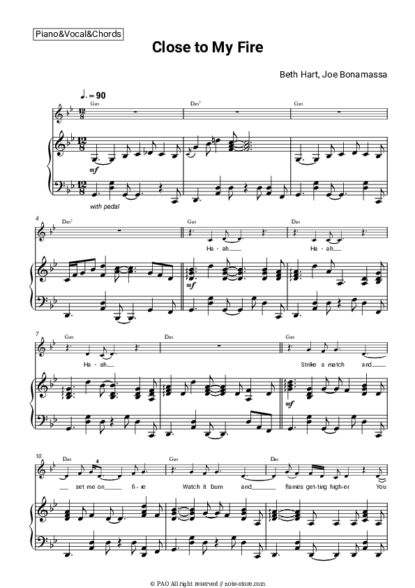 Close to My Fire - Beth Hart, Joe Bonamassa Piano Sheet Music with the Vocal and Chords - Piano&Vocal&Chords