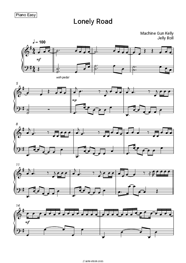Lonely Road - Machine Gun Kelly, Jelly Roll Piano Sheet Music Easy - Piano.Easy
