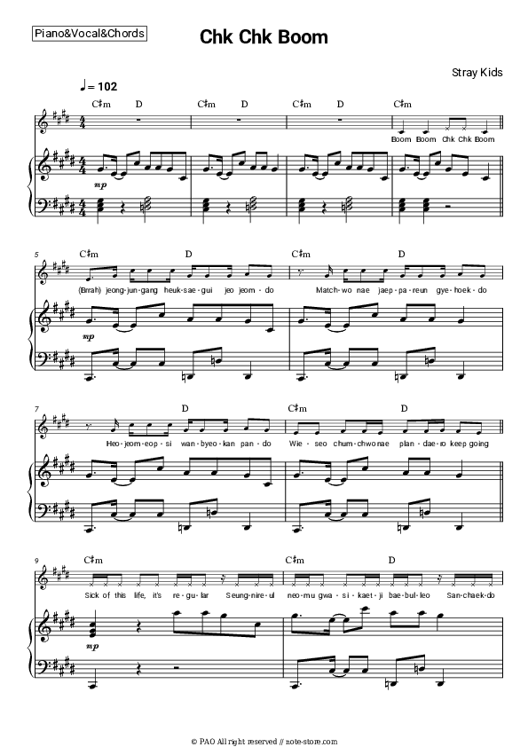 Chk Chk Boom - Stray Kids Piano Sheet Music with the Vocal and Chords - Piano&Vocal&Chords