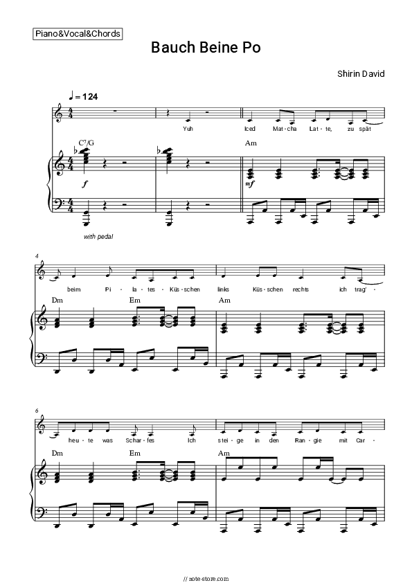 Bauch Beine Po - Shirin David Piano Sheet Music with the Vocal and Chords - Piano&Vocal&Chords