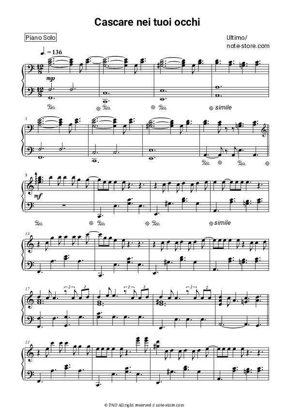 Cascare nei tuoi occhi - Ultimo Piano Sheet Music - Piano.Solo