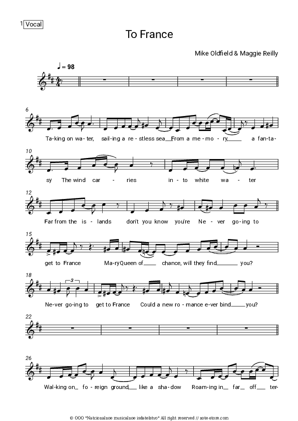 To France - Mike Oldfield, Maggie Reilly Vocal Sheet Music - Vocal