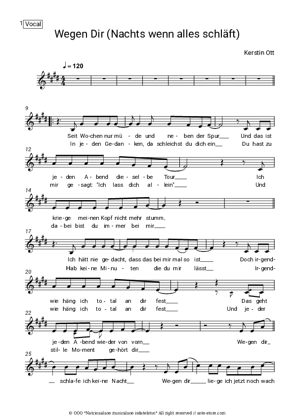 Wegen Dir (Nachts wenn alles schlaft) - Kerstin Ott Vocal Sheet Music - Vocal