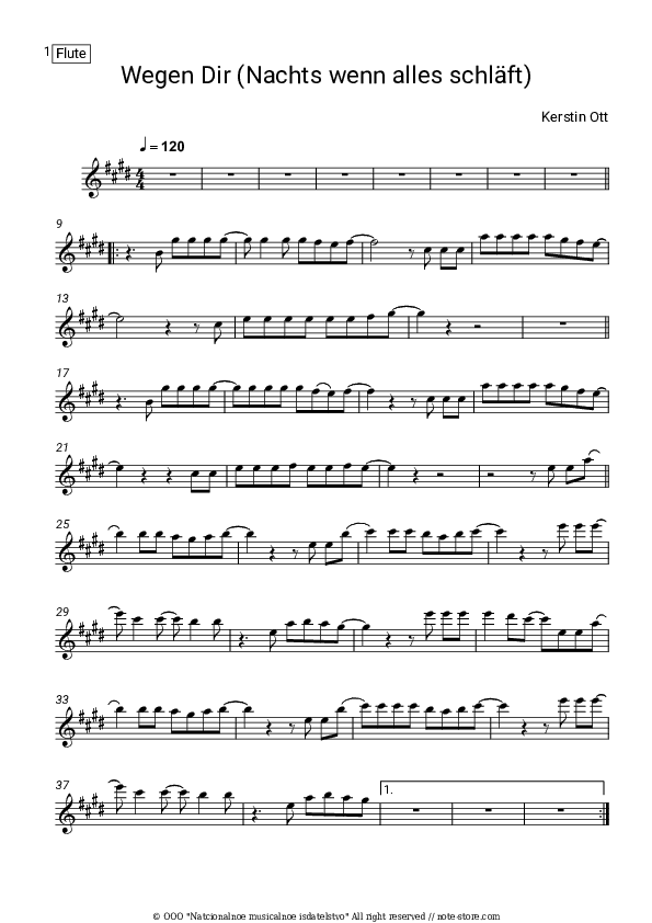 Wegen Dir (Nachts wenn alles schlaft) - Kerstin Ott Flute Sheet Music - Flute