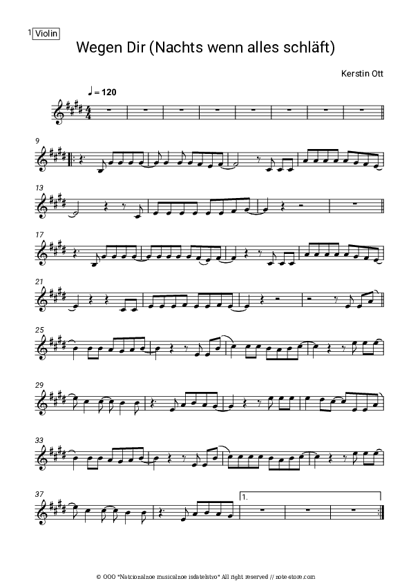 Wegen Dir (Nachts wenn alles schlaft) - Kerstin Ott Violin Sheet Music - Violin