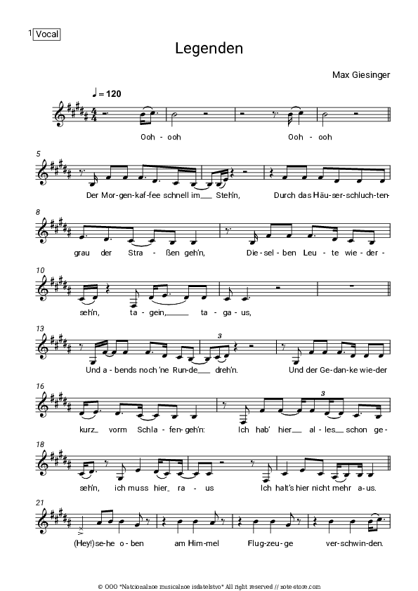Legenden - Max Giesinger Vocal Sheet Music - Vocal
