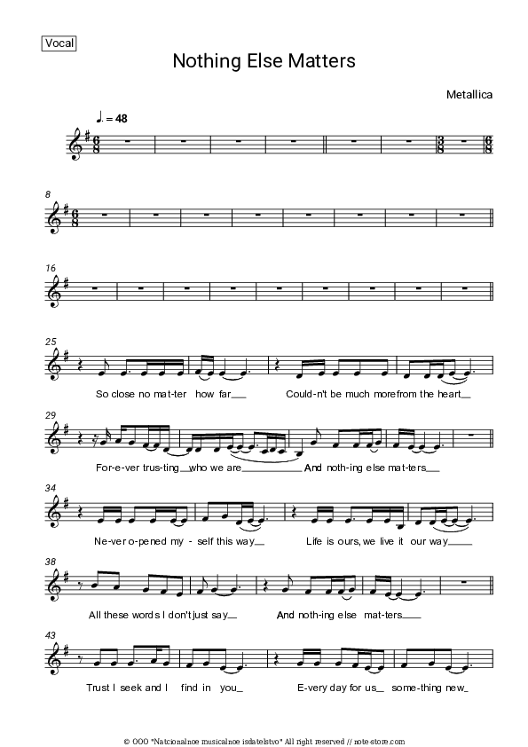 Nothing Else Matters - Metallica Vocal Sheet Music - Vocal