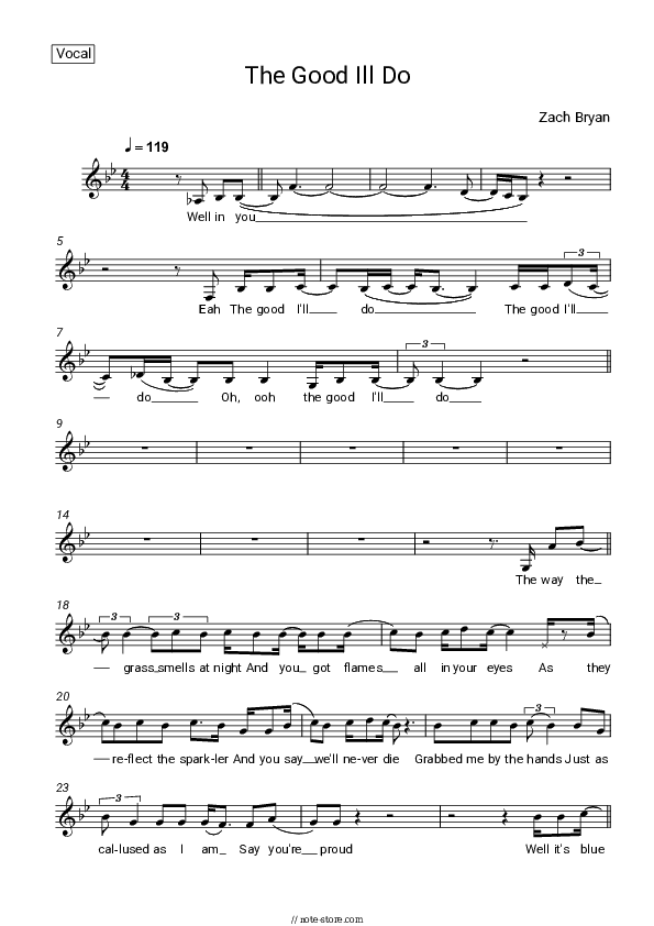 The Good I'll Do - Zach Bryan Vocal Sheet Music - Vocal