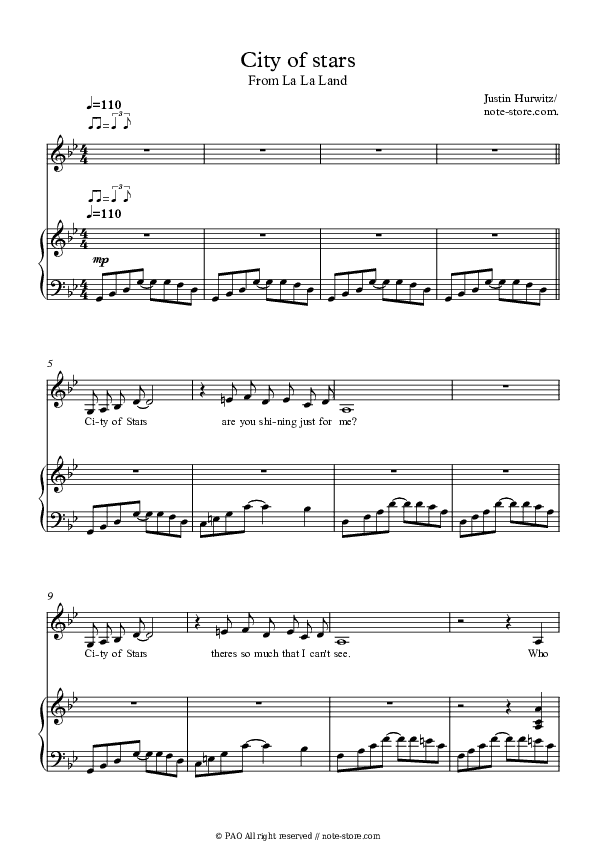 City of stars - Ryan Gosling, Emma Stone Piano Sheet Music with the Voice part - Piano&Vocal