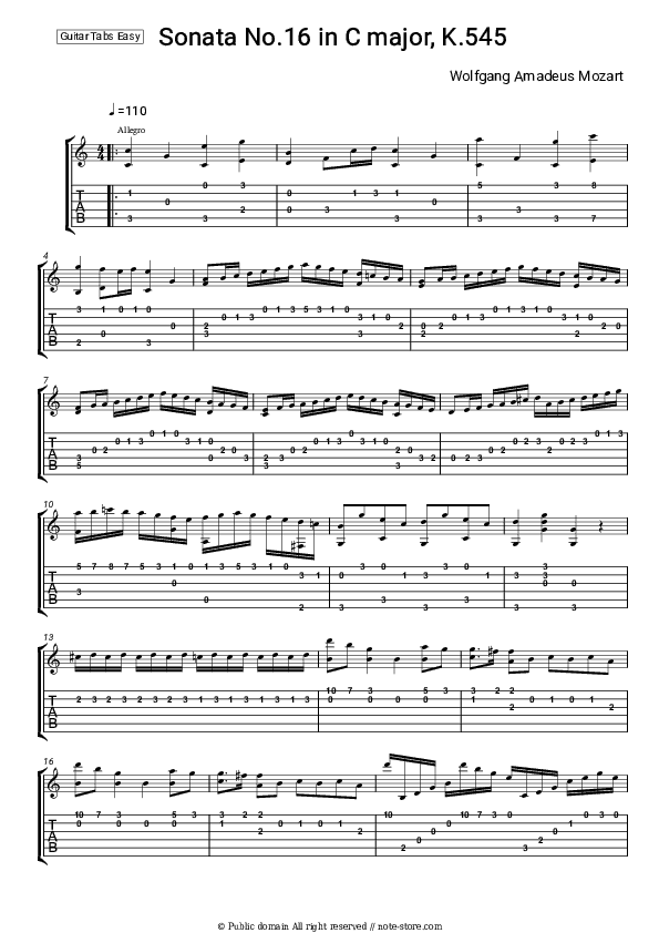 Sonata No.16 In C Major, K.545 - Wolfgang Amadeus Mozart Tabs Easy - Guitar.Tab.Easy