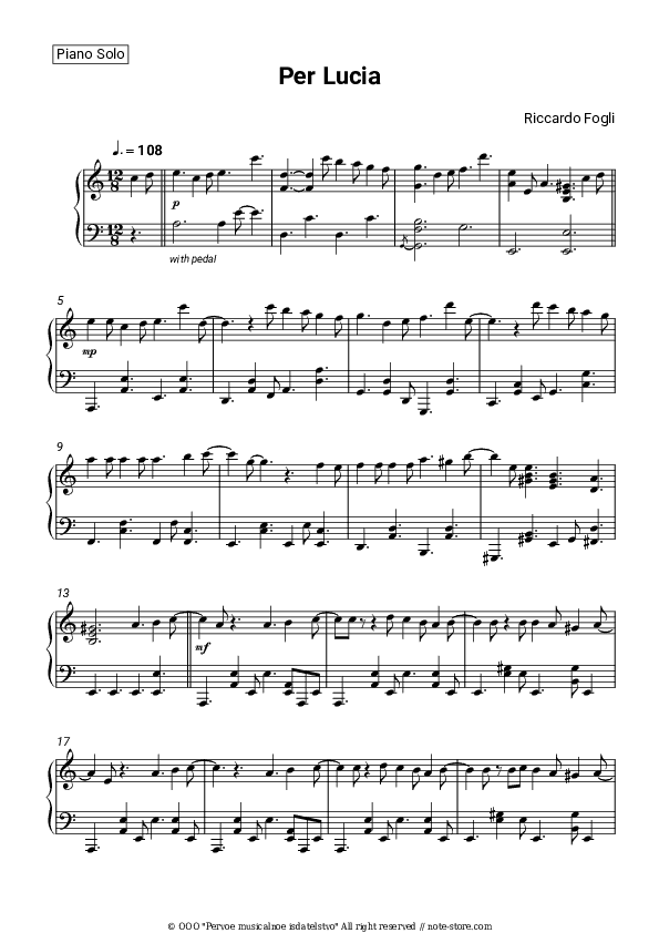 Per Lucia - Riccardo Fogli Piano Sheet Music - Piano.Solo