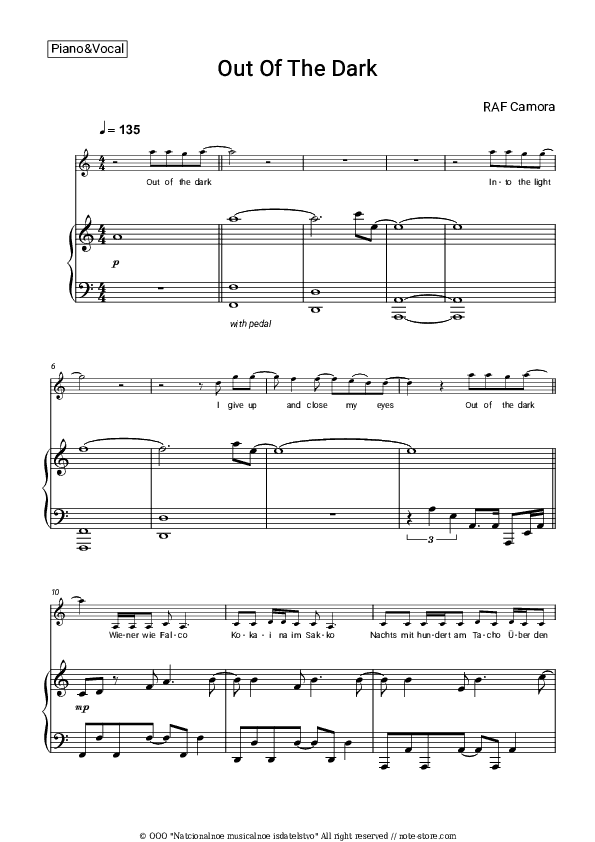 Out Of The Dark - RAF Camora Piano Sheet Music with the Voice part - Piano&Vocal