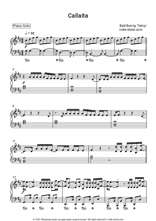 Callaita - Bad Bunny, Tainy Piano Sheet Music - Piano.Solo