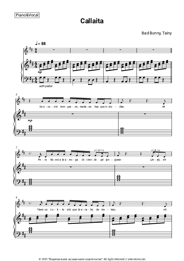 Callaita - Bad Bunny, Tainy Piano Sheet Music with the Voice part - Piano&Vocal