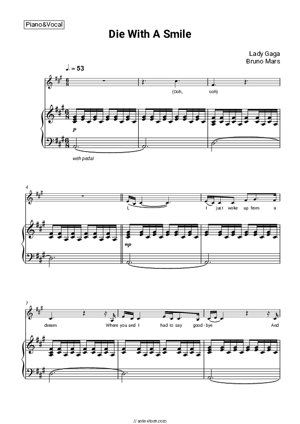 Die With A Smile - Lady Gaga, Bruno Mars Piano Sheet Music with the Voice part - Piano&Vocal