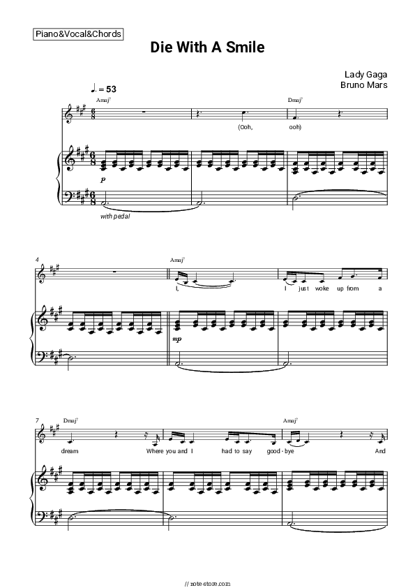 Die With A Smile - Lady Gaga, Bruno Mars Piano Sheet Music with the Vocal and Chords - Piano&Vocal&Chords